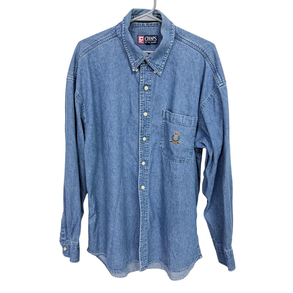 Chaps Ralph Lauren Mens Denim Button Down Shirt Blue Long Sleeve Crest Logo L